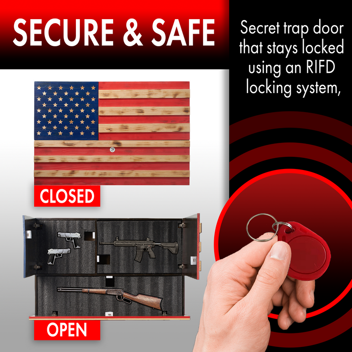 Tactical Rustic Hidden American Flag Gun Storage with Trap Door, Wall Storage | 35" x 22.5" | Firearm, Magazine and Knives Storage Easy Installation | Secure & Safe Compartment