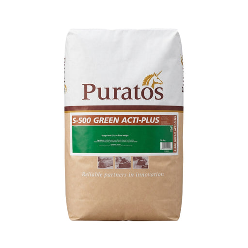 A 10 kg bag of Purato's S-500 Green Acti-Plus horse feed supplement, featuring a white top half with the brown Purato's logo and a green label band, and a brown paper-textured bottom half.
