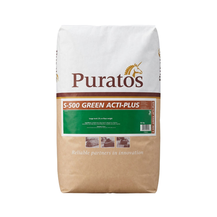A 10 kg bag of Purato's S-500 Green Acti-Plus horse feed supplement, featuring a white top half with the brown Purato's logo and a green label band, and a brown paper-textured bottom half.