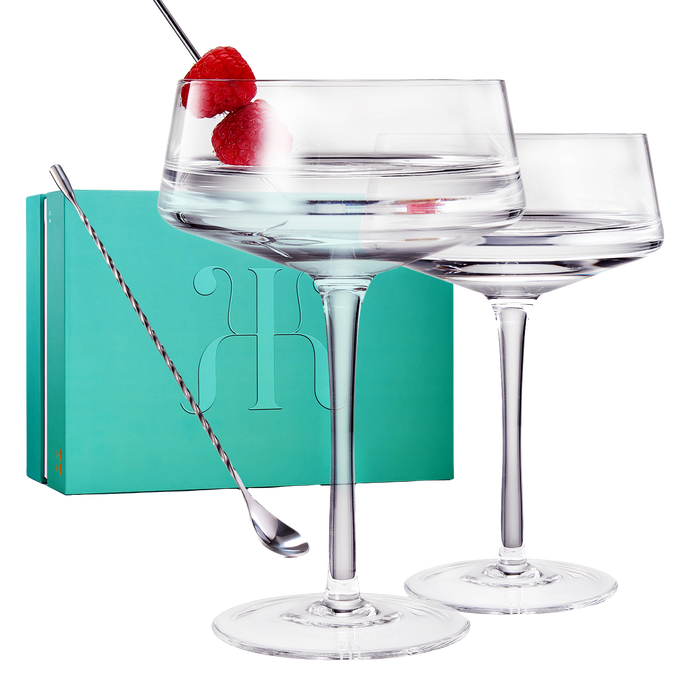 Luxury Martini Glass Set of 2 | 10oz | Crystal Luxury Martini with Silver Spoon, Premium Hand-Blown | Classic Cocktail & Champagne Clear Coupes For Manhattan, Cosmopolitan, Sidecar, Speakeasy Goblets