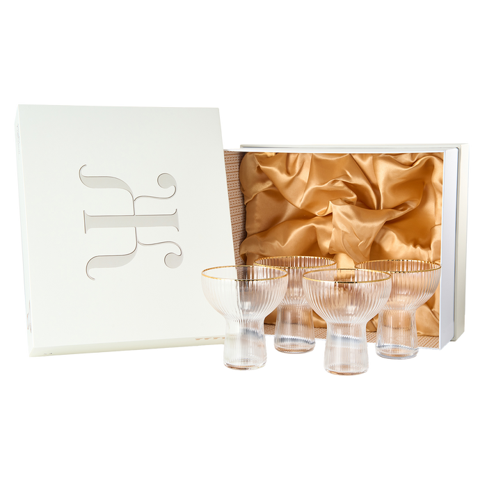 Ribbed Stemless Margarita Glasses with Gold Rim - Set of 4 - Hand Blown Luxury Coupe Cocktail, Martini & Champagne Glasses for Spring & Summer – Large Party, Elegant Ripple Design, Gilded Rim (10 OZ)