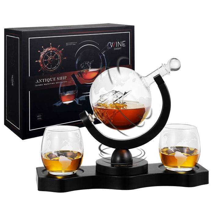 Rotating Whiskey Decanter Globe Set with 2 10OZ Etched Whiskey Glasses | 29 OZ | Moving Interactive World Globe, Gifts for Men Dad, Anniversary for Liquor Scotch Bourbon - Batteries NOT Included