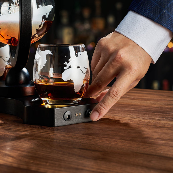 Rotating Whiskey Decanter Globe Set with 2 10OZ Etched Whiskey Glasses | 29 OZ | Moving Interactive World Globe, Gifts for Men Dad, Anniversary for Liquor Scotch Bourbon - Batteries NOT Included