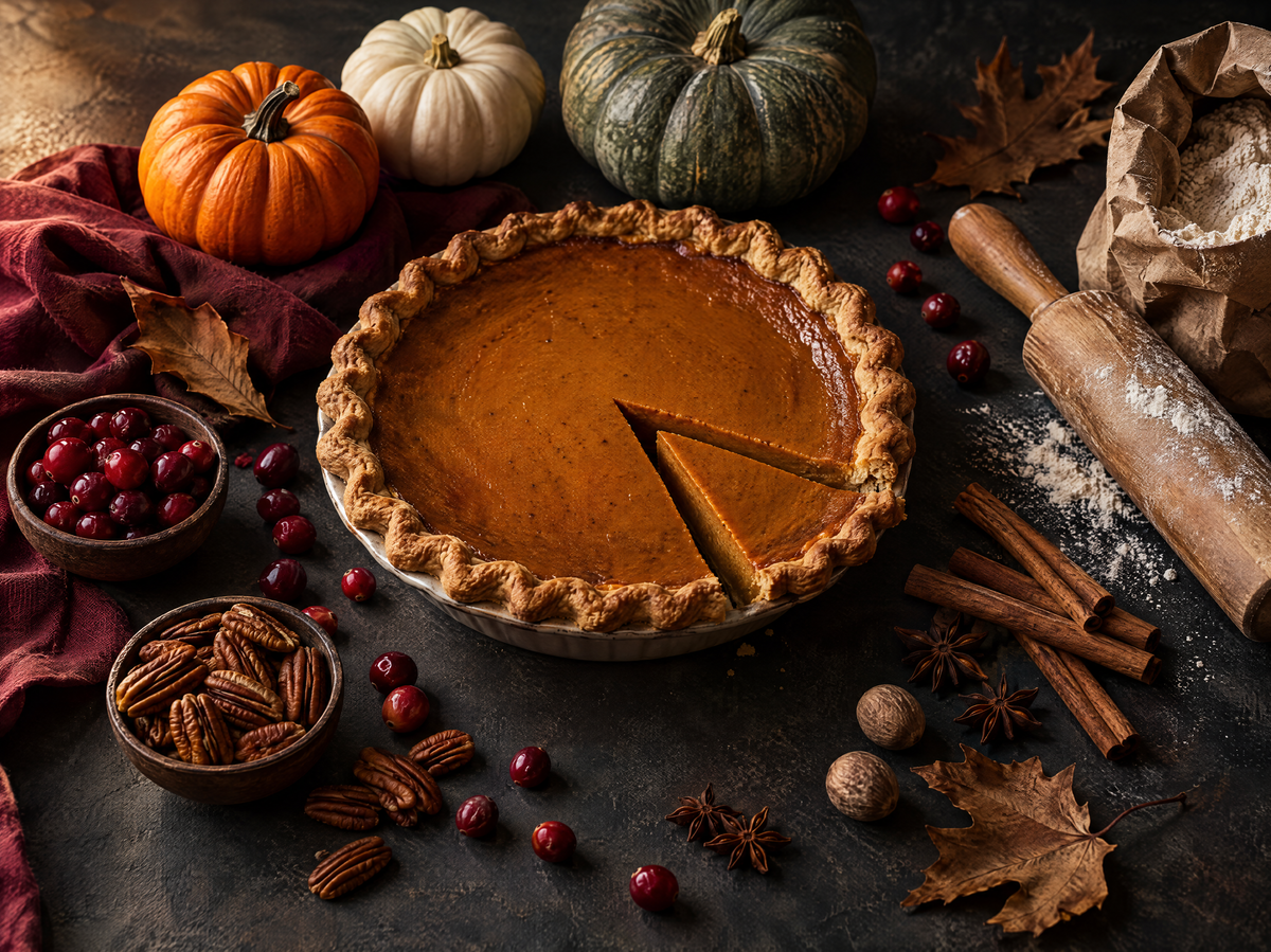 Pumpkin pie with heirloom pumpkins, cranberries, pecans and baking spices on a dark slate counter