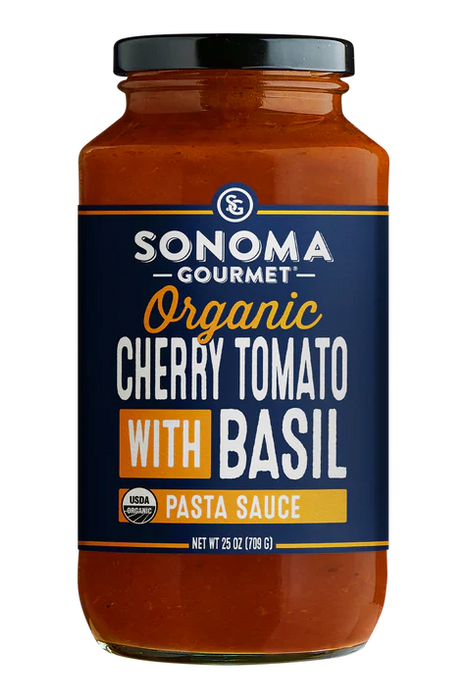 Sonoma Gourmet Organic Cherry Tomato with Basil Pasta Sauce - Vegan, Gluten-Free - Case of 6 (25 Oz Jars)