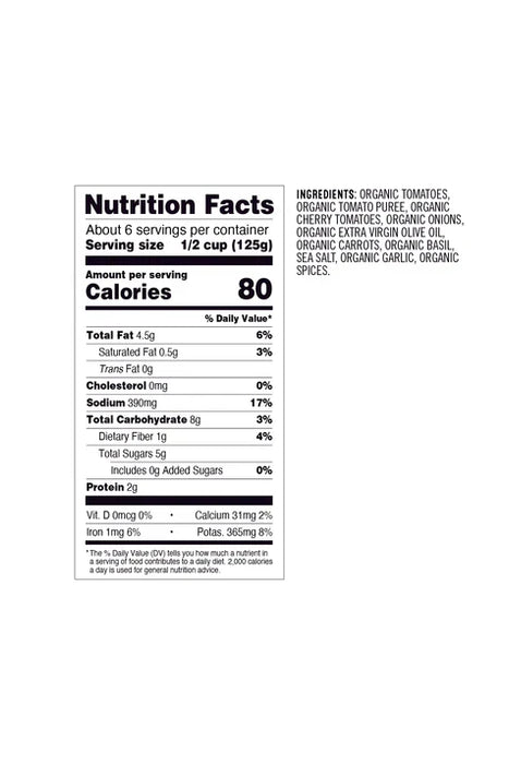 Sonoma Gourmet Organic Cherry Tomato with Basil Pasta Sauce - Vegan, Gluten-Free - Case of 6 (25 Oz Jars)
