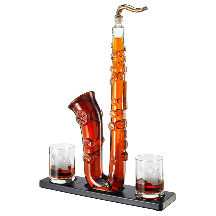 Saxophone Whiskey & Wine Decanter - 34 OZ Decanter Set with Two 10 Oz Whisky Glasses - Bourbon, Scotch, Liquor Gifts for Men, Dad, Father, Music Lover Gifts, Classical Instrument Room Home Decor