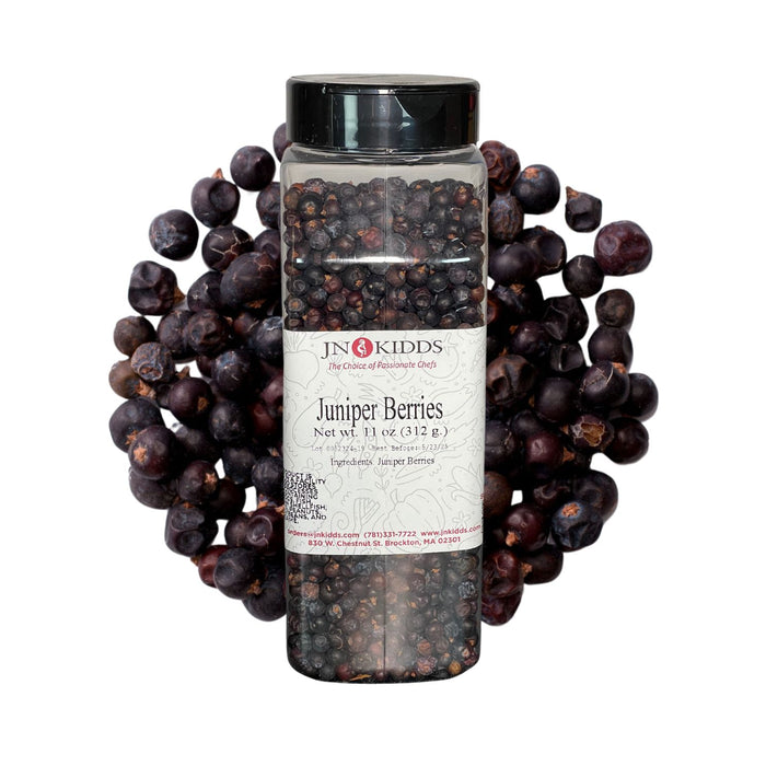 JN Kidds Brand Whole Juniper Berries 11 oz jar for aromatic cooking and infusions