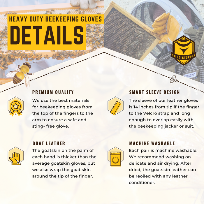 Sting Stopper Heavy Duty Goat Skin Beekeeping Gloves - Beekeeper White