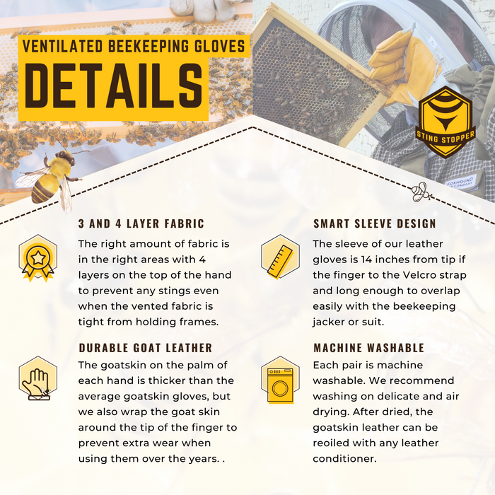 Sting Stopper Ventilated Goat Skin Beekeeping Gloves - Olive Green