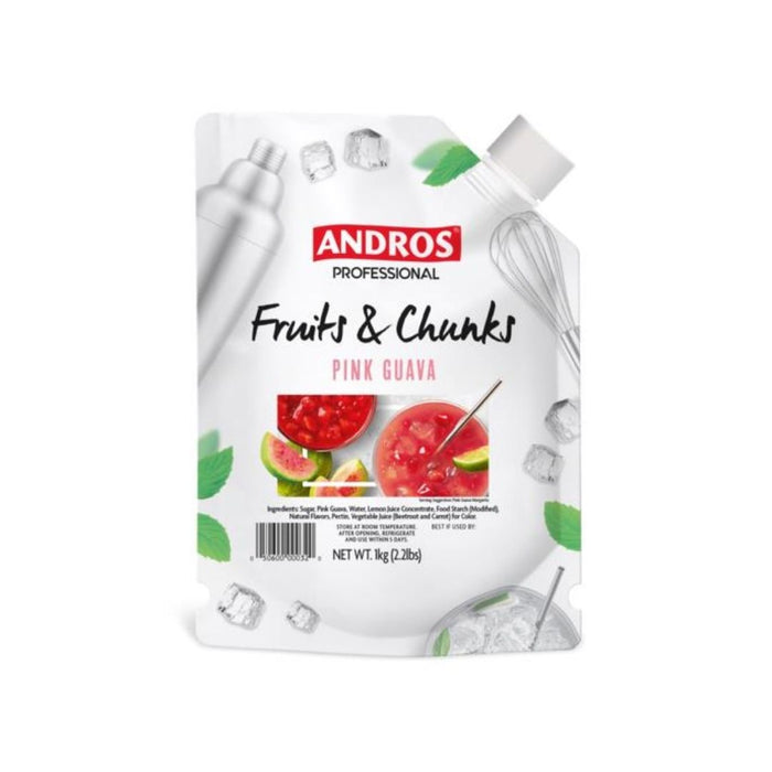 Andros Professional Pink Guava Fruit & Chunks in a 2.2 lb pouch, featuring pink tropical purée with visible fruit pieces for dessert use