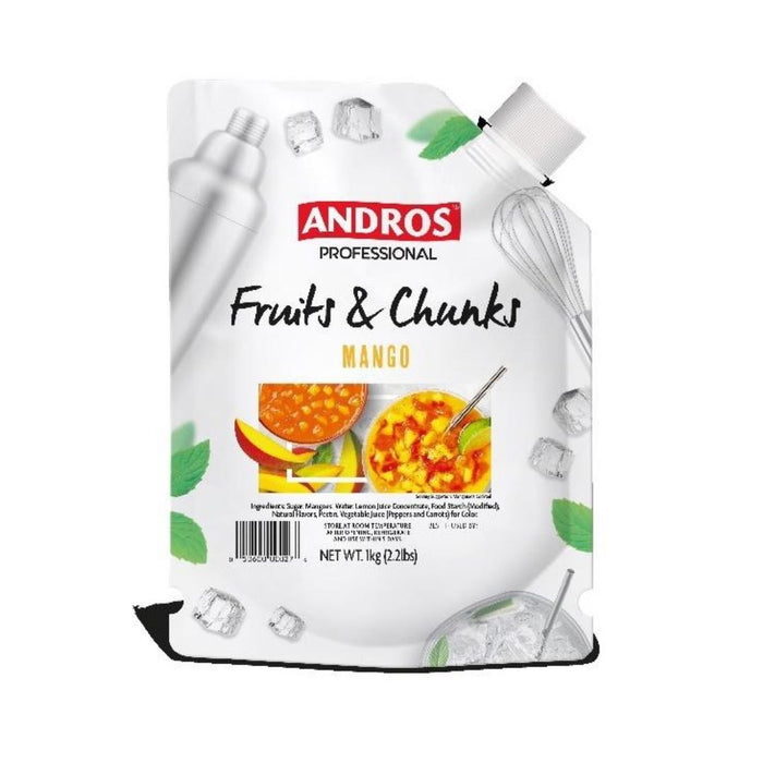 Andros Professional Mango Fruit & Chunks in 2.2 lb pouch with bright yellow-orange mango pieces, perfect for bakery and plated dessert use