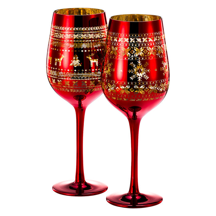 Crystal Christmas Tree Wine & Water Glasses - Set of 2 - Holiday Themed Red & Gold Etched Winter Snow Wonderland Frosted Glass, Perfect Seasonal Parties, Gifts Him & Her Trees Décor - Stemmed Tree