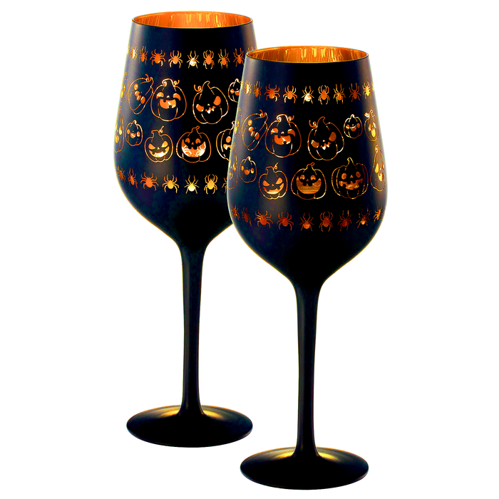 Crystal Halloween Stemmed Wine Glasses - Set of 2 - Pumpkin Themed Vibrant Black & Gold Spooky Ghost Pattern Frosted Glass, Perfect for Themed Gothic Parties Trick Or Treat Gifts for Him Her (14 OZ)