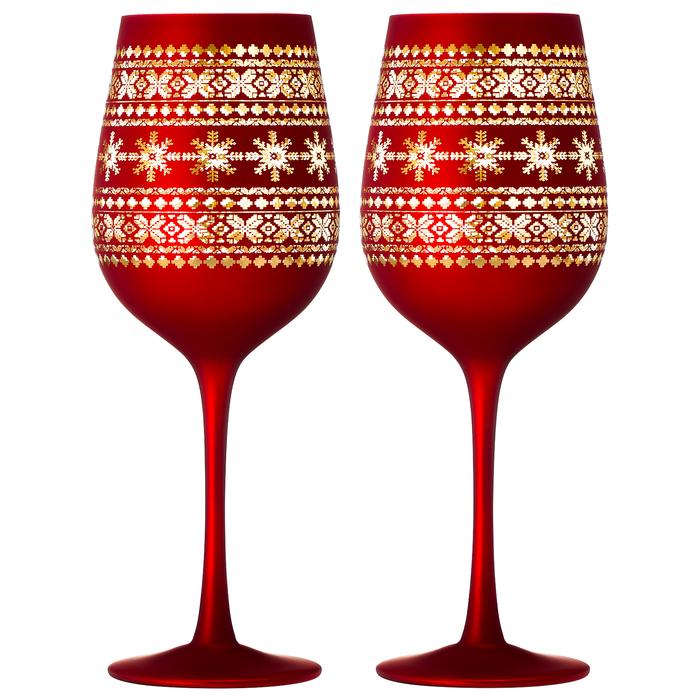Crystal Stemmed Christmas Wine Glasses Goblets - Set of 2 - Vibrant Themed Red & Gold Etched Winter Snow Wonderland Frosted Glass, Perfect Holiday Themed Seasonal Parties, Great for Christmas & Gifts