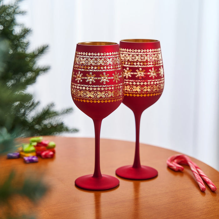 Crystal Stemmed Christmas Wine Glasses Goblets - Set of 2 - Vibrant Themed Red & Gold Etched Winter Snow Wonderland Frosted Glass, Perfect Holiday Themed Seasonal Parties, Great for Christmas & Gifts