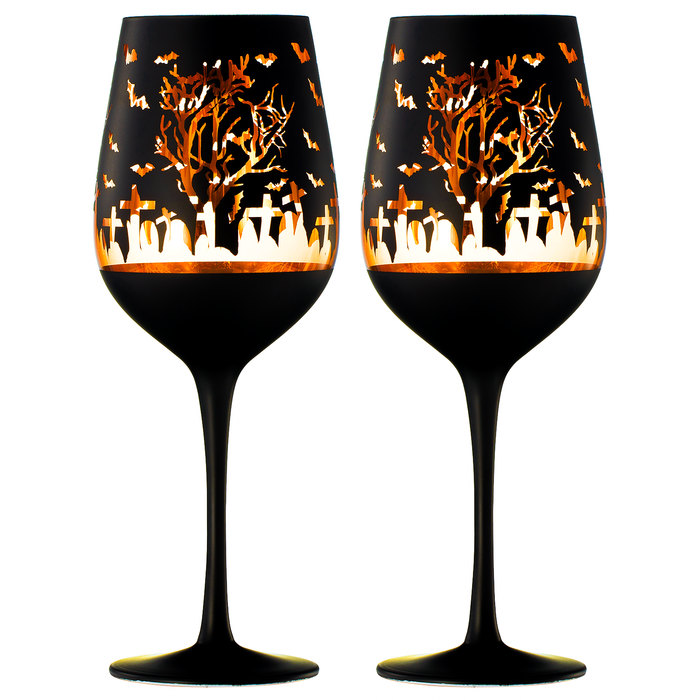 Crystal Halloween Stemmed Wine Glasses - Set of 2 - Themed Vibrant Black & Gold Etched Spooky Graveyard Pattern Frosted Glass, Perfect for Themed Gothic Parties Trick Or Treat Gift For Him Her (14 OZ)