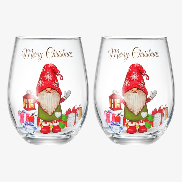 Stemless Christmas Gnome Wine Glass - SINGLE Red Green Cheer for Holiday Gift and Winter Season - 17 oz Stemless Decorated Ornament Wine Tumblers for Holiday Season and Winter by GUTE - 4.7" H