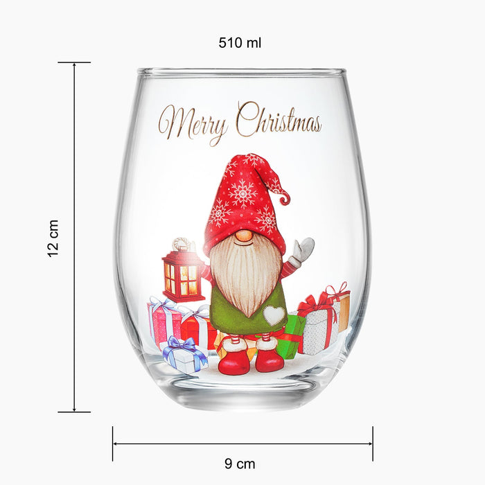 Stemless Christmas Gnome Wine Glass - SINGLE Red Green Cheer for Holiday Gift and Winter Season - 17 oz Stemless Decorated Ornament Wine Tumblers for Holiday Season and Winter by GUTE - 4.7" H