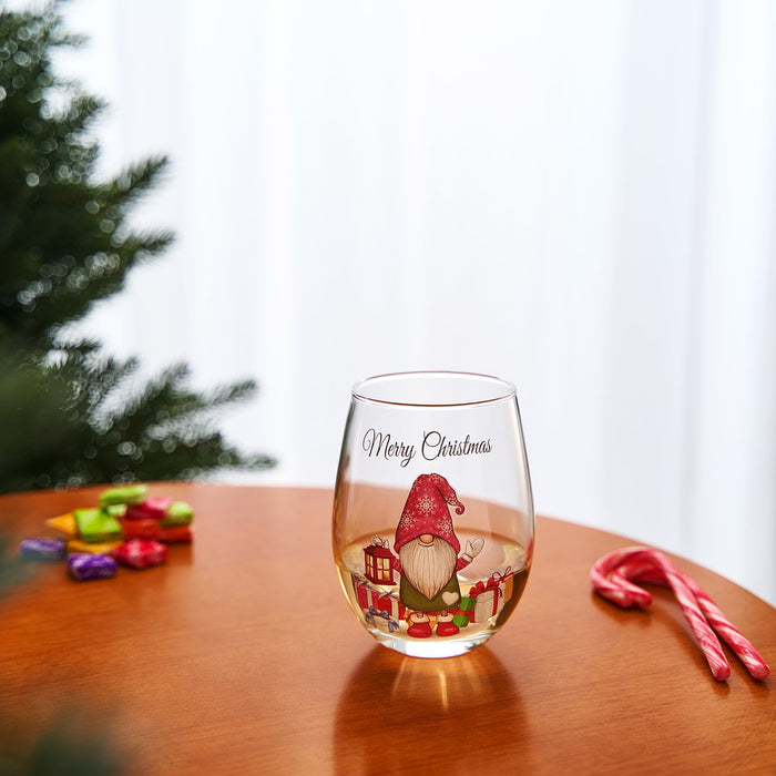 Stemless Christmas Gnome Wine Glass - SINGLE Red Green Cheer for Holiday Gift and Winter Season - 17 oz Stemless Decorated Ornament Wine Tumblers for Holiday Season and Winter by GUTE - 4.7" H