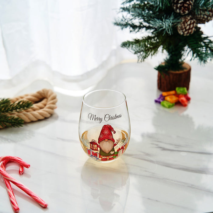 Stemless Christmas Gnome Wine Glass - SINGLE Red Green Cheer for Holiday Gift and Winter Season - 17 oz Stemless Decorated Ornament Wine Tumblers for Holiday Season and Winter by GUTE - 4.7" H