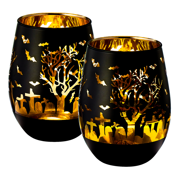 Crystal Halloween Stemless Wine Glass - Set of 2 - Themed Vibrant Black & Gold Etched Spooky Graveyard Pattern Frosted Glass, Perfect for Themed Gothic Parties Trick Or Treat Gift For Him Her (16 OZ)