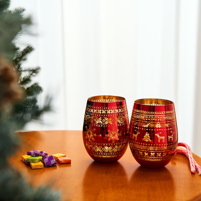 Crystal Christmas Tree Wine & Water Glasses - Set of 2 - Holiday Themed Red & Gold Etched Winter Snow Wonderland Frosted Glass, Perfect Seasonal Parties, Gifts Him & Her Trees Décor - Stemless Trees