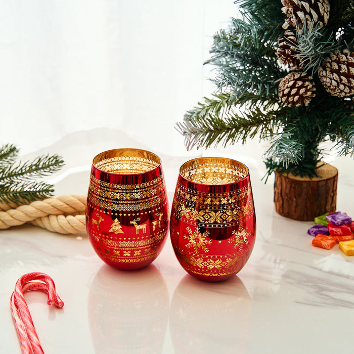Crystal Christmas Tree Wine & Water Glasses - Set of 2 - Holiday Themed Red & Gold Etched Winter Snow Wonderland Frosted Glass, Perfect Seasonal Parties, Gifts Him & Her Trees Décor - Stemless Trees
