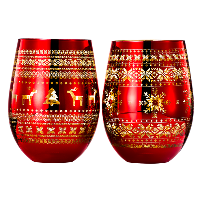 Crystal Christmas Tree Wine & Water Glasses - Set of 2 - Holiday Themed Red & Gold Etched Winter Snow Wonderland Frosted Glass, Perfect Seasonal Parties, Gifts Him & Her Trees Décor - Stemless Trees