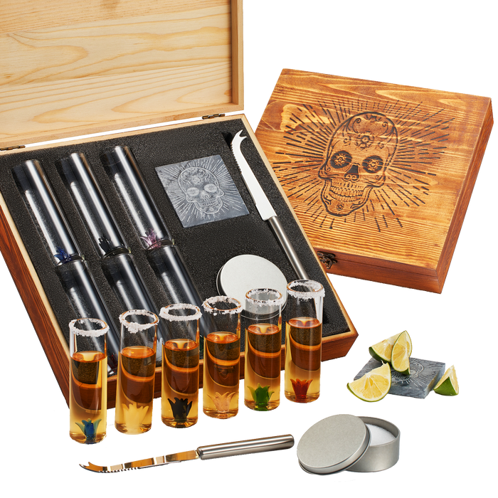 Tequila Shot Glass & Salt Gift Set for Men & Women | Six Agave Shot Glasses, Knife For Limes, One Skull Coaster, One Salt Tin | Skeleton Mahogany Wood Box Package For Tequila, Liquor Lovers