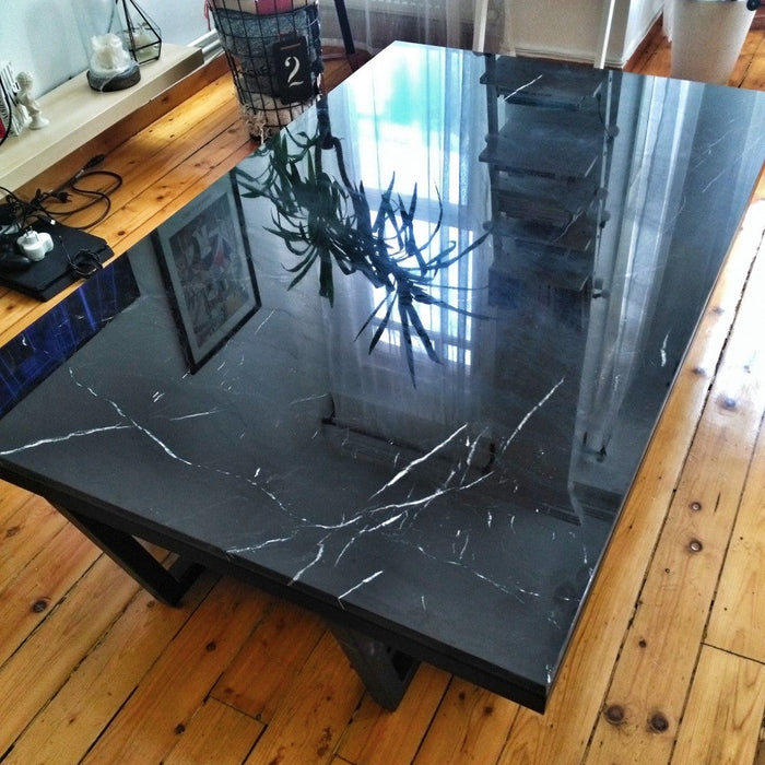 Marble Coffee Table Rectangular Polished Black Metal Legs