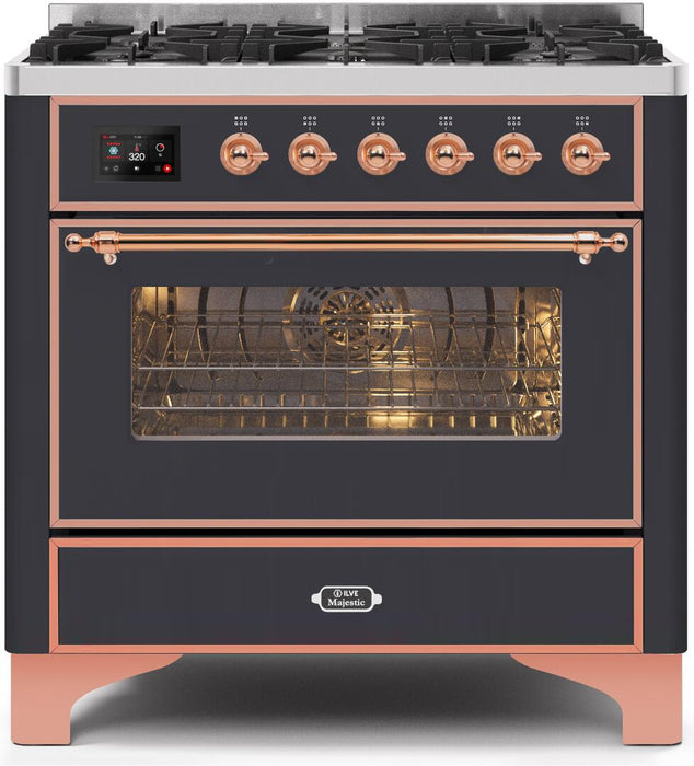 ILVE Majestic II 36" Dual Fuel Range, Matte Graphite, Copper Trim UM096DNS3MGPLP