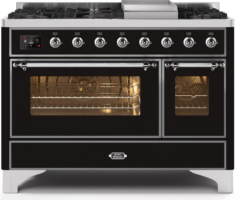 Ilve Majestic II 48 Inch Dual Fuel Liquid Propane Freestanding Range in Glossy Black with Chrome Trim, UM12FDNS3BKCLP