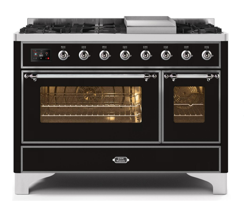 Ilve Majestic II 48 Inch Dual Fuel Liquid Propane Freestanding Range in Glossy Black with Chrome Trim, UM12FDNS3BKCLP