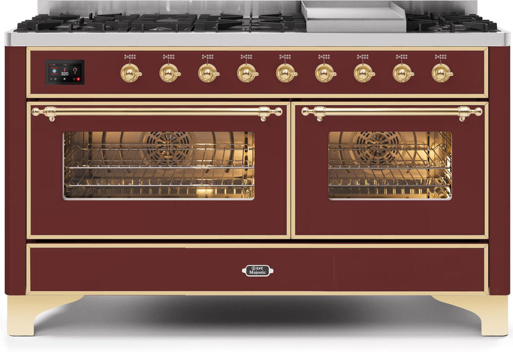 ILVE Majestic II 60" Dual Fuel Range Burgundy Brass Trim UM15FDNS3BUG