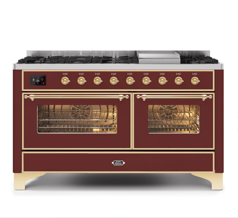 ILVE Majestic II 60" Dual Fuel Range Burgundy Brass Trim UM15FDNS3BUG