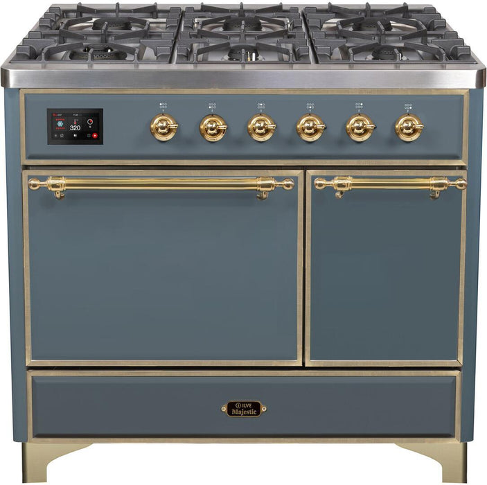 ILVE Majestic II 40" Dual Fuel, Natural Gas, Freestanding Range, Blue Grey, Brass Trim UMD10FDQNS3BGG