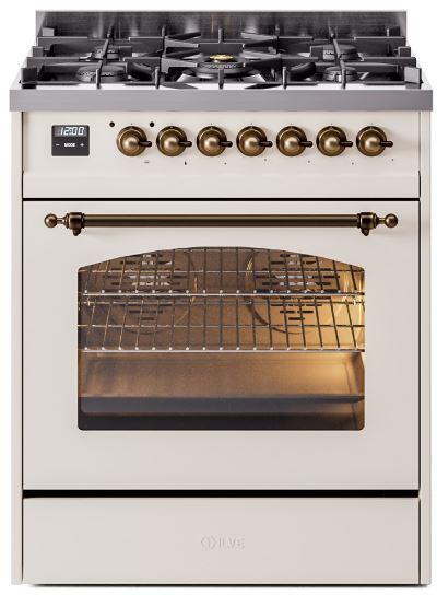 ILVE Nostalgie II 30" Dual Fuel Liquid Propane Range, Antique White, Bronze Trim UP30NMPAWBLP