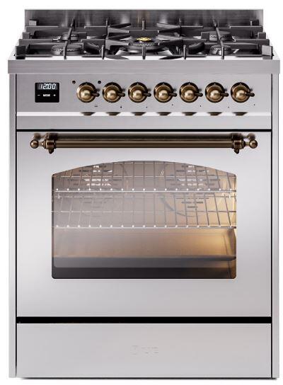 ILVE Nostalgie II 30" Dual Fuel Liquid Propane Range, Stainless Steel, Bronze Trim UP30NMPSSBLP