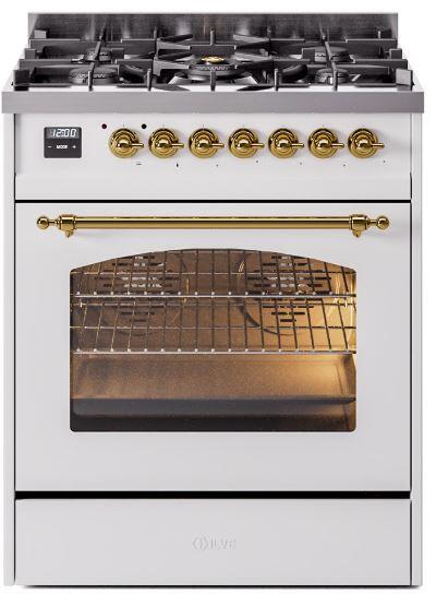 ILVE Nostalgie II 30" Dual Fuel Liquid Propane Range, White, Brass Trim UP30NMPWHGLP