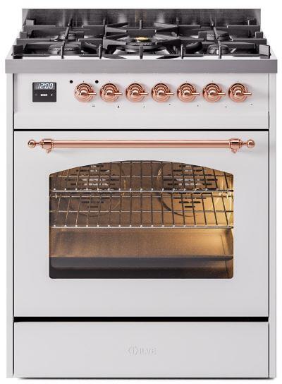 ILVE Nostalgie II 30" Dual Fuel Liquid Propane Range, White, Copper Trim UP30NMPWHPLP