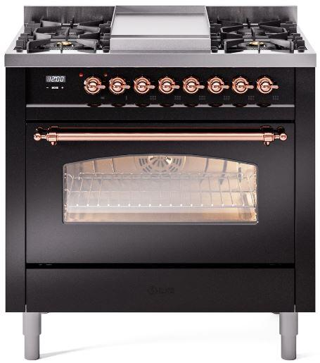 ILVE Nostalgie II 36" Dual Fuel Natural Gas Range, Glossy Black, Copper Trim UP36FNMPBKP