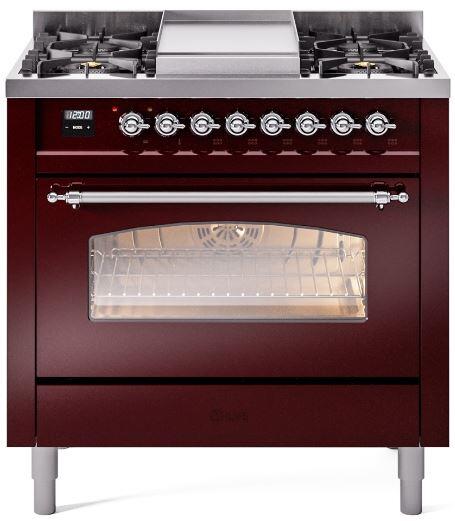 ILVE Nostalgie II 36" Dual Fuel Liquid Propane Range, Burgundy, Chrome Trim UP36FNMPBUCLP