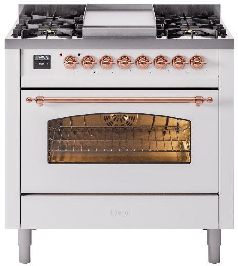 ILVE Nostalgie II 36" Dual Fuel Natural Gas Range, White, Copper Trim UP36FNMPWHP
