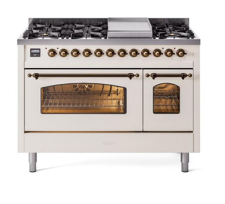 ILVE Nostalgie II 48" Dual Fuel Liquid Propane Range, Antique White, Bronze Trim UP48FNMPAWBLP