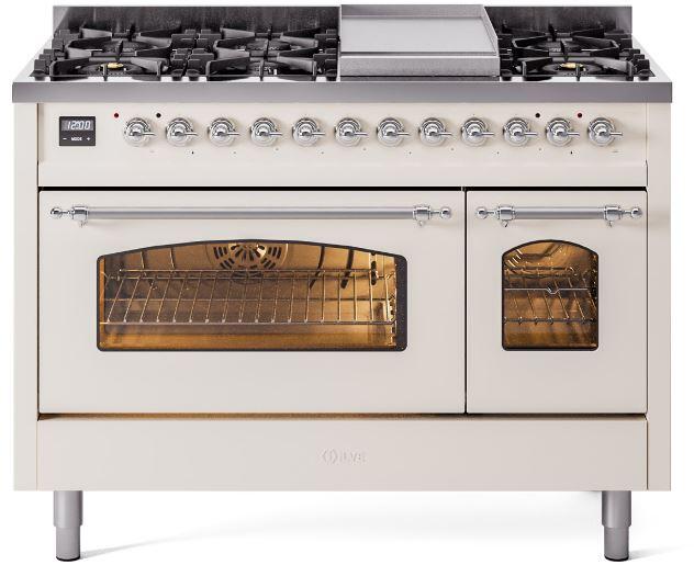 ILVE Nostalgie II 48" Dual Fuel Natural Gas Range, Antique White, Chrome Trim UP48FNMPAWC