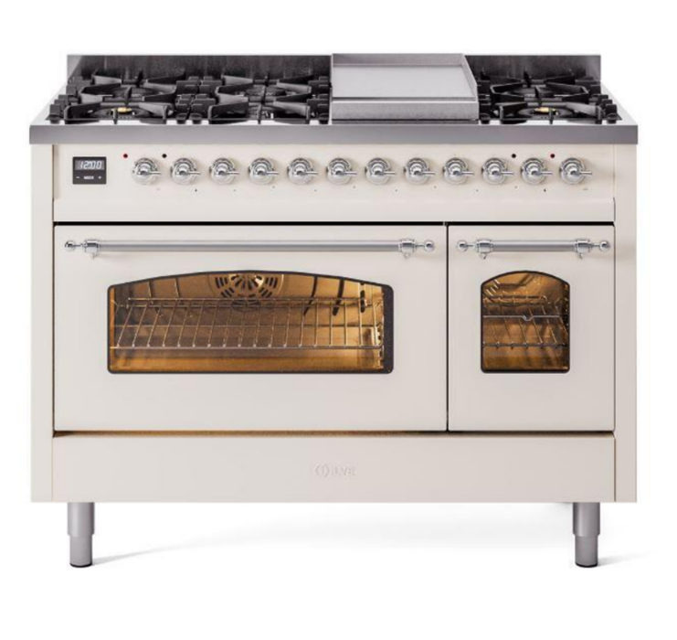 ILVE Nostalgie II 48" Dual Fuel Natural Gas Range, Antique White, Chrome Trim UP48FNMPAWC