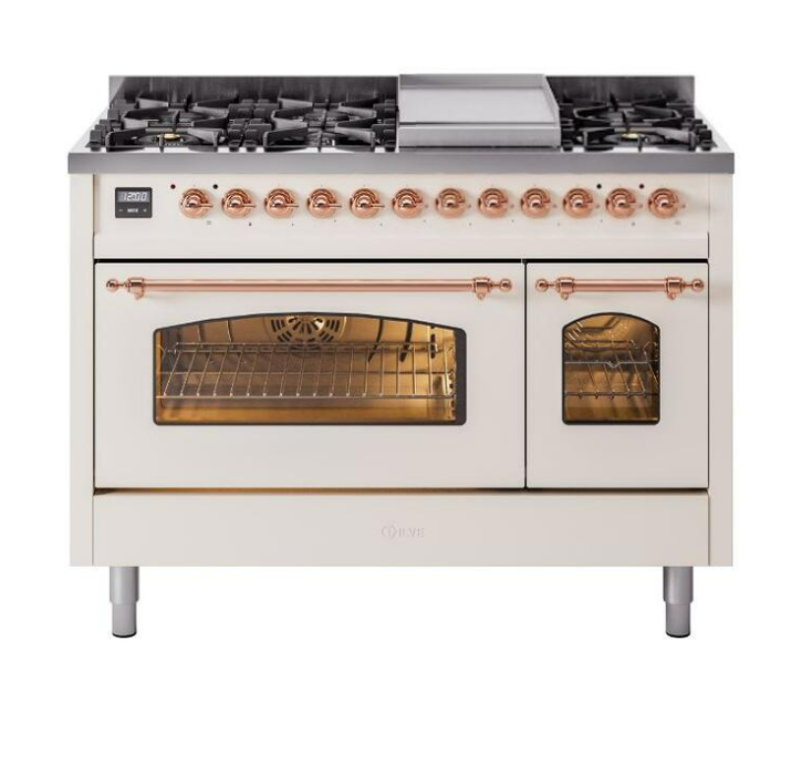 ILVE Nostalgie II 48" Dual Fuel Liquid Propane Range, Antique White, Copper Trim UP48FNMPAWPLP