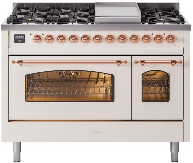 ILVE Nostalgie II 48" Dual Fuel Natural Gas Range, Antique White, Copper Trim UP48FNMPAWP
