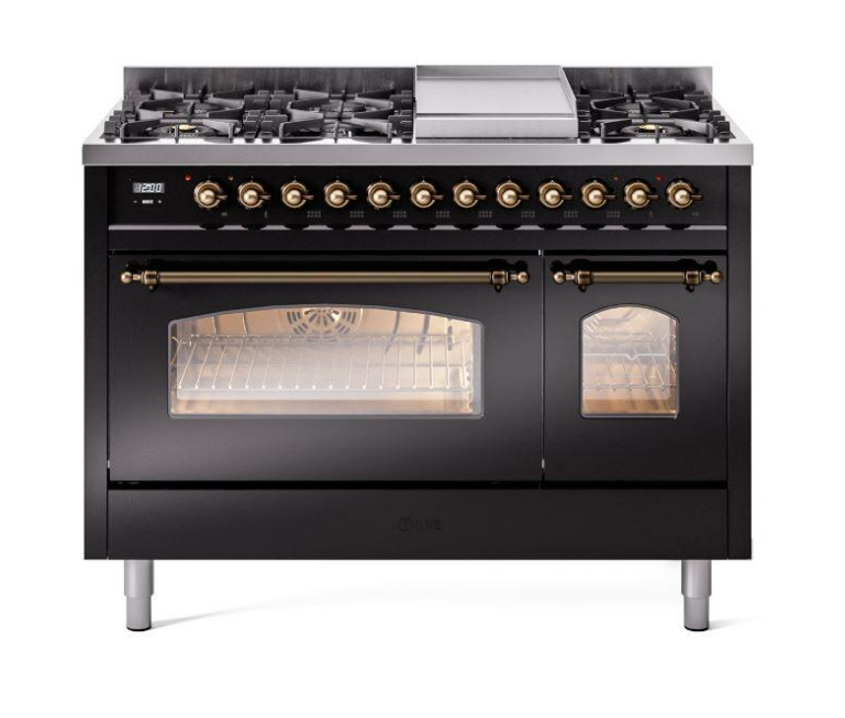 ILVE Nostalgie II 48" Dual Fuel Liquid Propane Range, Glossy Black, Bronze Trim UP48FNMPBKBLP